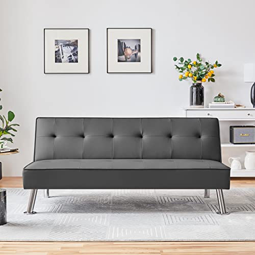 Yaheetech Convertible Sofa Couch Futon Bed Faux Leather Sofa Bed Sleeper Adjustable Loveseat Futon Couch Living Room Furniture With Chrome Metal Legs, Gray #TOP1