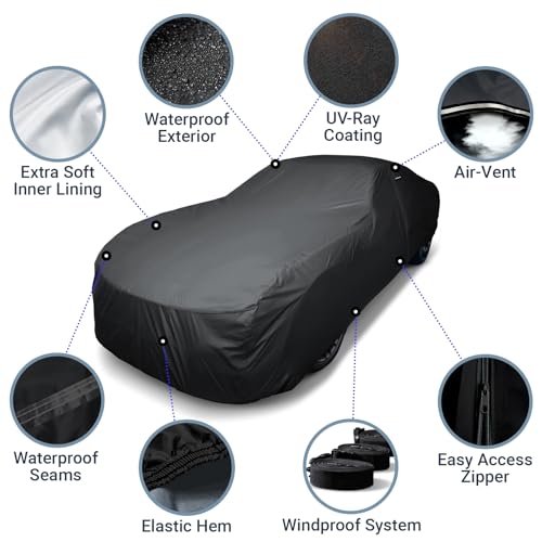 iCarCover 30-Layer Premium Car Cover Waterproof All Weather Rain Snow UV Sun Protection, El Camino, Impala, Bel Air, Monte Carlo, Galaxie, Charger, Size C21 (See Size Chart), Sedan/Coupe - Black