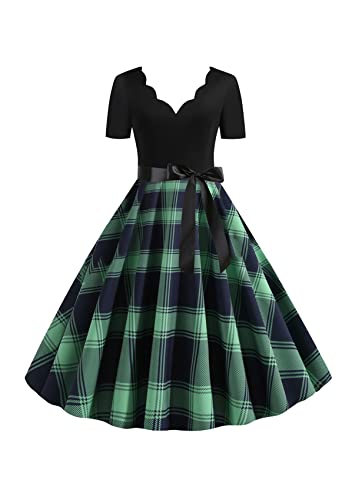 Yming Damen Cocktail Kariertes Kleid Swing Elegantes Audrey Hepburn Kleid V-Ausschnitt Kleid Grün Blau Kariert M