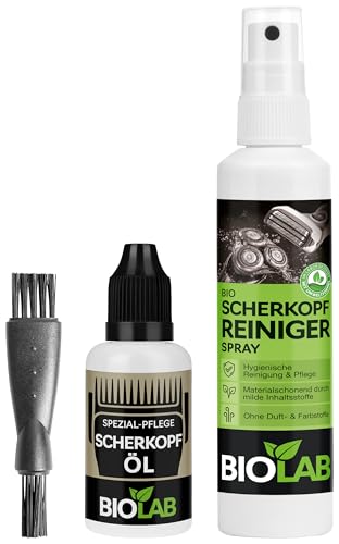 BIOLAB Scherkopf Reinigung & Pflege Set - Scherkopf-Öl (30 ml), Scherkopfreiniger Spray (100ml) + Reinigungsbürste für Rasierer, Haarschneider und Haarschneidemaschine