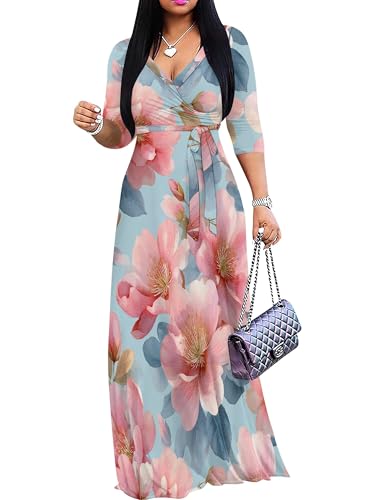 Image of SUZONANA Plus Size Dresses for Women Floral Print Maxi Dress Flowy 3 /4 Sleeve with Belt