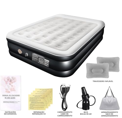 Colchão de ar Queen 2,05 * 1,55M com Bomba de ar Elétrica Recarregável Embutida, Design Hermético co