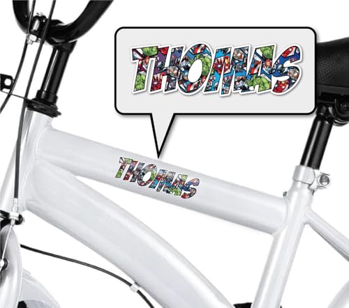 2 pegatinas personalizadas para marco de bicicleta, con nombre de superhéroe, para niños, bicicleta, scooter, coche, equilibrio, silla de ruedas, fiambrera