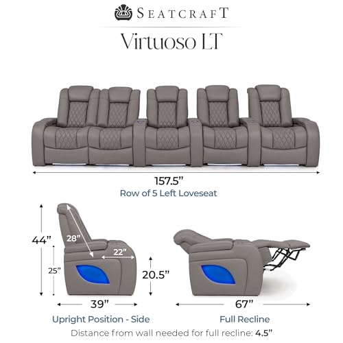 Image of Seatcraft Virtuoso LT Gray Italian Leather Home Theater Seating, Zero Gravity Power Recliner, Heat and Massage, Powered Headrest and Lumbar Gaming and Home Office Chair, Row of 5 Left Loveseats