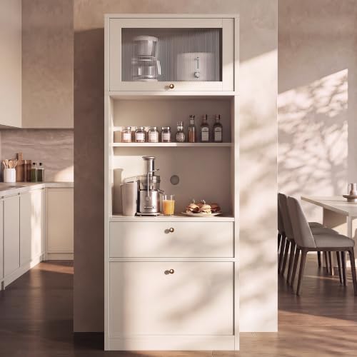 Image of 71 inch Tall Pantry Cabinet with Microwave Shelf & Coffee Station White | Extra Deep Storage Hutch,Adjustable Shelves,Hydraulic Lift Door,Cable Management,Drawer,Anti-Tip,Freestanding,Kitchen Storage