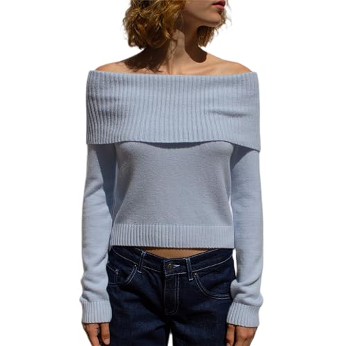 Image of Women Off The Shoulder Sweater Y2k Long Sleeve Boat Neck Knit Cropped Pullover Tops Fall Trendy Going Out Streetwear