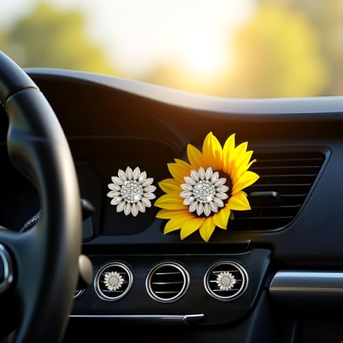 Image of Sunflower Air Vent Clips Car Accessories Bling Sunflower Air Freshener Outlet Clips for Women Car Interior Decorations Cute Flowers Cars Clips Air Fresheners Interior Accessories (2, Beige)
