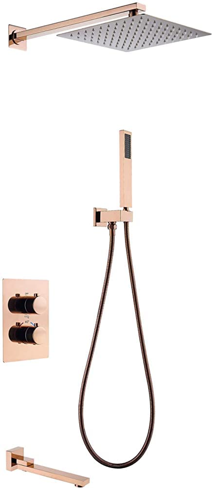 NZPOST Embedded Shower Faucet with Thermostat, Rose Gold Shower Faucet Mixer 8-10" Rainfall Bathroom Sink