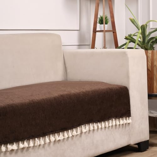 Image of STITCHNEST Brown Chenille Sofa Cover 70x30 Inch - Soft, Durable & Textured Fabric with Tassels | Sofa for Living Room, Bedroom, or Drawing Room14