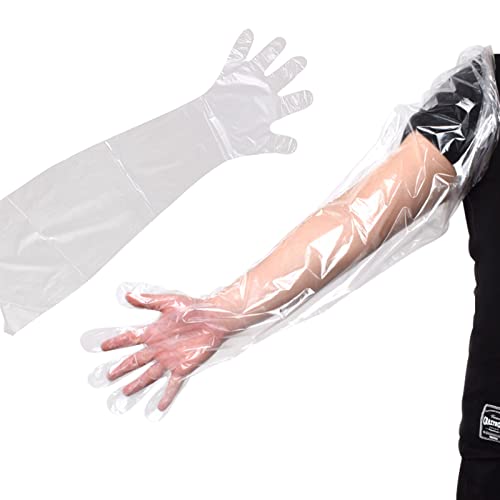 Anxingo 50Pcs Disposable Plastic Veterinary Insemination Rectal Long Arm Gloves for Field Dressing Gutting 35 inch Length (Transparent)