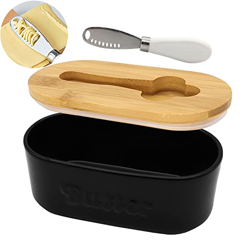 Schwarze Butterdose mit Deckel für Arbeitsplatte, Keramik-Deckel, Butterdose mit kleinem Buttermesser, Bauernhaus, weißer Butterhalter, für Kühlschrank, Butter, Aufbewahrungsbehälter Cover