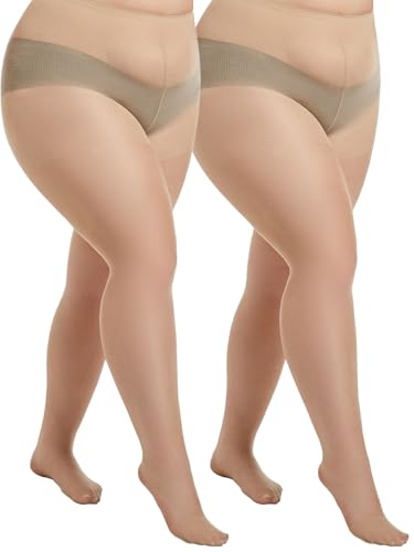 Image of Plus Size Sheer Tights for Women 20D Control Top Pantyhose Soft Stockings with Reinforced Toes 2 Pairs