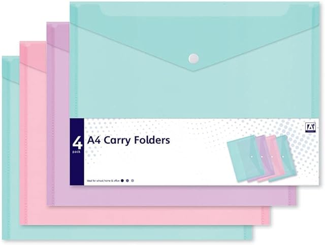 4 Assorted Pastel Colour A4 Document Stud Wallets Plastic Carry Popper Folder Pink Aqua