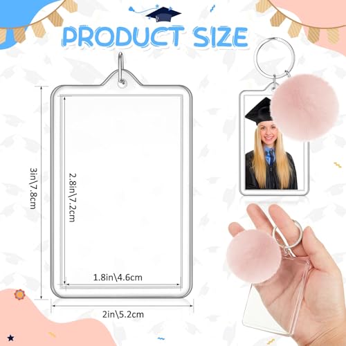 Image of Henoyso 100 Pack Acrylic Photo Keychains with Colorful Pom Poms, 2 x 3 Inch | Double Sided Acrylic Photo Keychains, Easy DIY for Back to School Students Gifts, Classroom Rewards,, Graduation Keepsakes