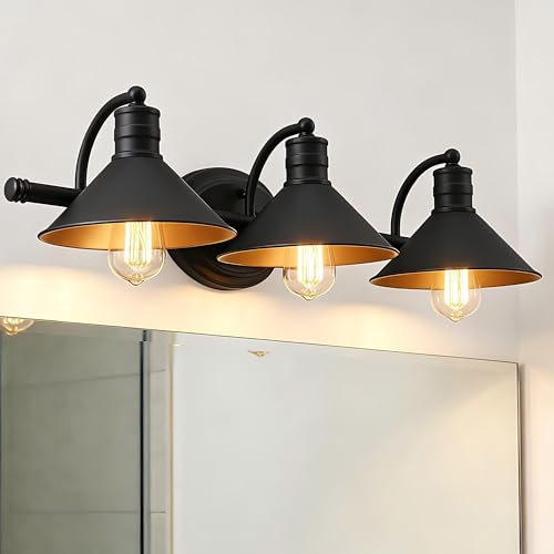 Image of 3 Light Bathroom Vanity Light Over Mirror - Farmhouse Wall Light for Bathroom Vanity Powder Room, Rustic Gooseneck Barn Style 3 Bulb Wall Sconce Over Kitchen Sink