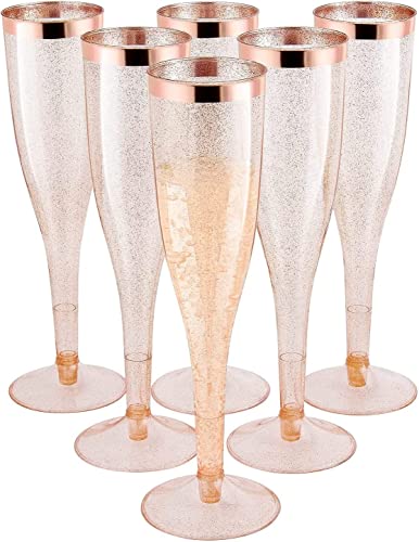 MR.FOAM Disposable Champagne Flutes 6PC Rose Gold Glitter with Rose Gold Rim Plastic Champagne Glasses for Parties Plastic Champagne Flutes Cups Toasting Glasses Mimosa Wedding 6.5 OZ