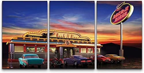 wall26 Canvas Print Wall Art Set Vintage 1950s Style American Diner at Sunset Food Cultural Photography Modern Art Chic Scenic Multicolor Ultra for Living Room, Bedroom, Office - 16"x24"x3 Panels