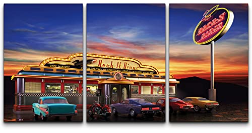 Wall26 Canvas Print Wall Art Set Vintage 1950S Style American Diner At Sunset Food Cultural Photography Modern Art Chic Scenic Multicolor Ultra For Living Room, Bedroom, Office - 16"X24"X3 Panels #TOP2