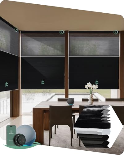 Yoolax Motorized Day and Night Cellular Shades with Remote, Smart Top Down Bottom Up Blinds Compatible with Alexa, Honeycomb Blinds Custom Size (Black Light Filtering+Black Blackout)