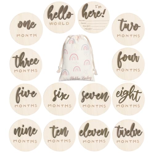 Image of Burbell 7 Pack 3D Baby Monthly Milestone Card Signs Baby Announcement Sign Double Sided Hello World Newborn Signs Wooden Circles Discs for Welcome Newborn Boy Girl Photo Props(Brown,Letter)