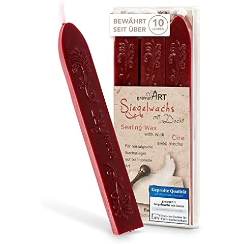 gravurART Siegelwachs Bordeaux Rot 3 Stangen mit Docht - Persönliche Briefe versiegeln mit Stempelwachs für Siegelstempel Cover