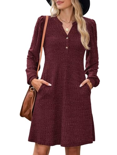 ZAFUL Womens Long Sleeve Fall Dresses with Pockets V Neck Button Casual Bodydoll Knit Sweater Dress 2025
