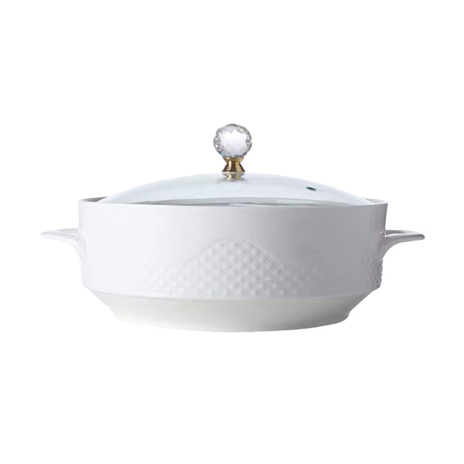 Ugcer White Ceramic Soup Tureen With Lid And Ladle, Creative Double Handles Serving Bowl, Elegant Tableware For Soups, Stews,2100Ml