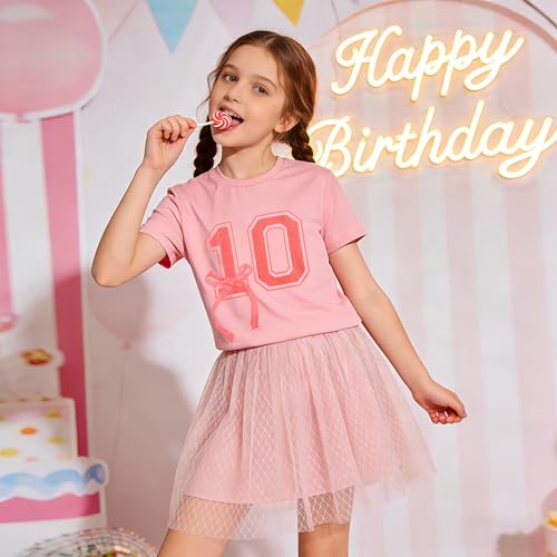 Image of Girl Birthday Shirt 10th Birthday T-Shirt Bow 10 Year Old Bday Short Sleeve Tee Top Tenth Party Outfit