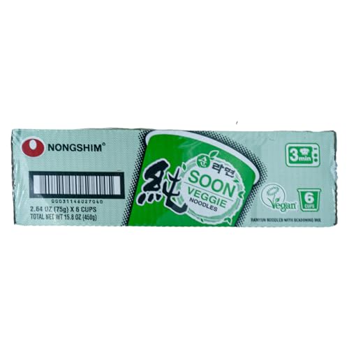 Nongshim Soon Instant Vegan Ramen Noodle Soup Cup, 6 Pack, Microwaveable Safe Cup, Vegan Meatless Ramen