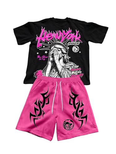 Men's 2 Piece Casual Outfits Y2K Short Sleeve Graphic Tees & Drawstring Track Shorts Streetwear