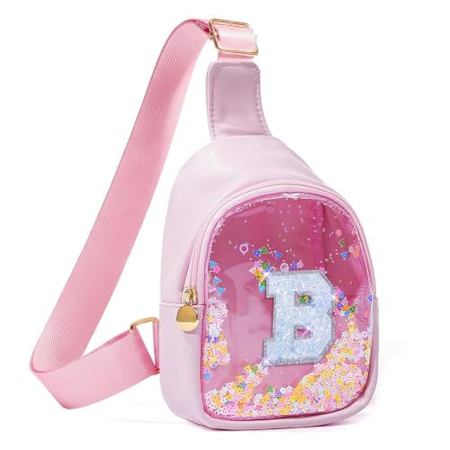 COSHAYSOO Pink Toddler Little Girls Purse 2 3 4 5 6 7 Year Old Kids Sling Bag Initial Crossbody Clear Pouch, Daily Phone Toys Small Stuff Items Things Holder Stylish Outfit Accessories Letter B
