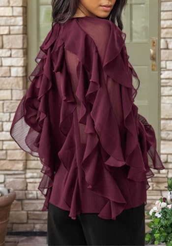 LETSVDO Women's Ruffle Chiffon Tops Puff Sleeve Sheer See Through Button Down V Neck Bubble Loose Casual Blouses Shirts3