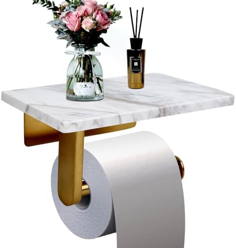 Marble Toilet Paper Holder With Phone Shelf - Brushed Nickel Bathroom Organizer For Mega Rolls