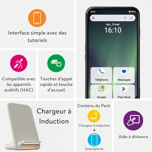 Doro - Pack Smartphone Aurora A30 - Socle de Charge Inclus - Téléphone Portable Senior - Facile à Utiliser - Touche d'Assistance avec Localisation GPS - Compatible Appareils Auditifs - Graphite