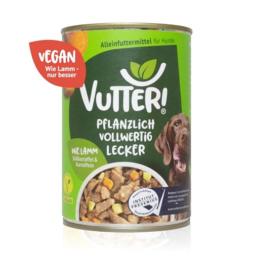 VUTTER Nassfutter Wie Lamm, 12x400 g: Hundefutter Vegan - Alleinfutter für Hunde - Fleischähnlich für hohe Akzeptanz - Sojaprotein für Muskeln, Zink für Haut & Fell, Kalzium für Zähne & Knochen