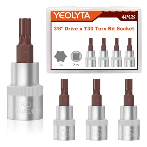 4PCS 3/8 Drive T30 Torx Bit Socket S2 Steel Bits CRV Steel Star Socket 1.9 Length for Slide Bar Ratchet Wrench Extension Rod Impact Drill and Home Repair (T30 3/8)