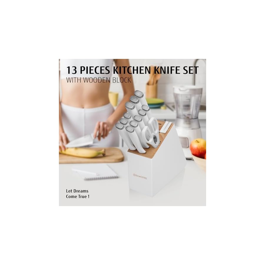 White-Knife-Set-with-Block-13-Pieces-Knife-Block-Set-with-Built-in-Sharpener-Scissors-for-Kitchen-High-Carbon-Stainless-Steel-Knife-Set White Knife Set with Block, 13 Pieces Knife Block Set with Built-in Sharpener Scissors for Kitchen, High Carbon Stainless Steel Knife Set