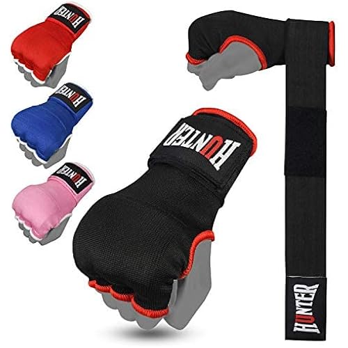 HUNTER Gel Padded Inner Gloves with Hand Wraps for Boxing, Quick Elastic Training Wraps for Men & Women, Muay Thai MMA Kickboxing Martial Arts Knuckle Wrist Protector (Pair)