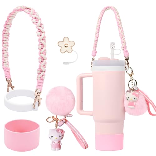 HATOTO Stanley Cup Accessories Set, Cute Kawaii Pom Pom Design Water Bottle Handle Strap, Silicone Boot, Charms for 30/40oz Tumble (Pink 1)