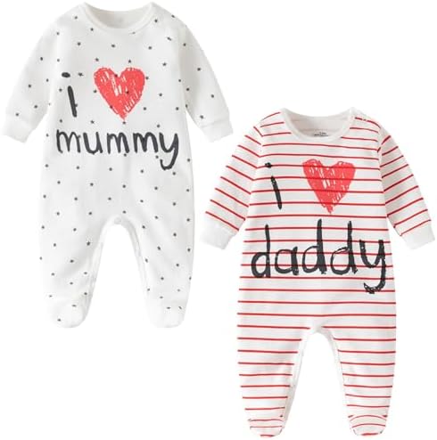 Unisex Baby Sleepsuits 2 Pack – I Love Mummy & Daddy Cotton Foote...