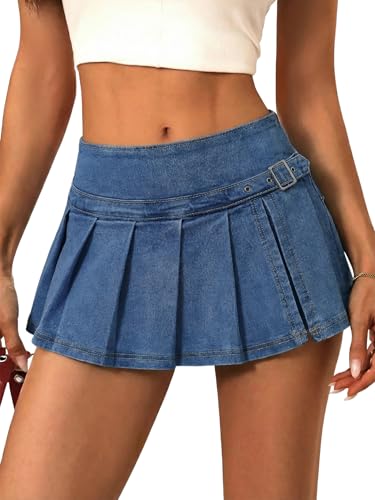 EMMIOL Denim Mini Skirt for Women - Mid Waisted Stretch Side Zipper Skort Y2k Casual Jean Skirts with Shorts Underneath Dark Blue-055 S