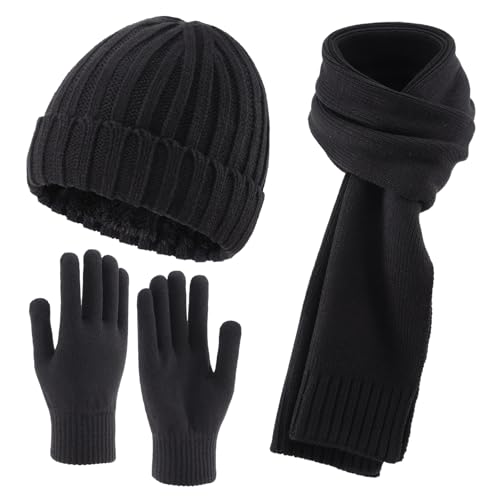 Decentron Mens Warm Winter Hat Scarf and Touchscreen Gloves Set for Cold Weather Fleece Lined Knit Beanie Neck Scarf Black