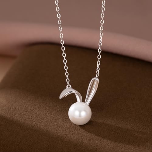 SLUYNZ 925 Sterling Silver Pearl Rabbit Pendant Necklace for Women Teens Easter Rabbit Choker Necklace Chian2