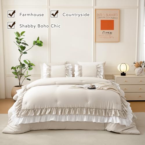 Image of QSH 3PCs Wheat White Ruffled Comforter Queen Size,Farmhouse Shabby Boho Chic Ruffle Bedding Comforter Set Queen Ultral Soft Microfiber Lightweight Vintage Rustic Comforter Set with Pillowcases