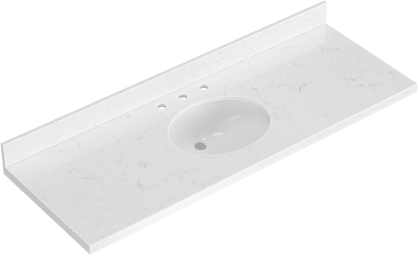 ARIEL 60 inch Bathroom Vanity top with Sink, 1.5 Inch Thick Miter Edge Carrara White Quartz top, Oval Single Porcelain Sink, Includes Backsplash