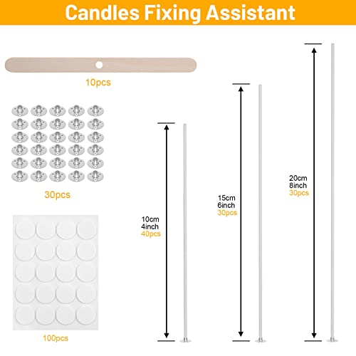 VEVOQIM 240pcs Candle Wicks Set, 100pcs for Making (4/6/8'') with Glue Dots, 10pcs Wick Holders & 30pcs Tabs, Long Lasting No Black Smoke DIY Candles Crafts, White, 18×16×2.5, AJ0093