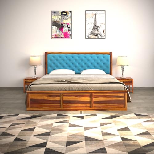 Image of DRIFTINGWOOD Dolvi Solid Sheesham Wood Queen Size Bed with Storage | Wooden Double Bed Cot Bed with Box Storage & Upholstered Blue Cushioned Headboard for Bedroom | Rosewood, Honey Finish