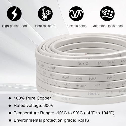 Image of 14 /2 Wire with Ground - 35FT 14 Gauge NM-B Non-Metallic Sheathed Cable 100% Pure Copper 14 AWG 2 Conductor Residential Indoor Wire for Outlets, Switches, Other Loads and Lighting Wiring Projects etc.
