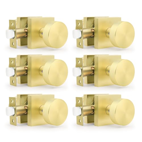 Orger Gold Passage Door Knobs Interior, Zinc Alloy Keyless Brushed Gold Closet Door Knobs, Knurled Heavy Duty Brushed Brass Square Base Modern Doorknobs for Hallways, 6 Pack