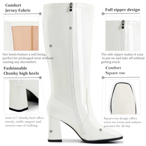 Image of Knee High Boots for Women - Wide Calf Boots with Zipper, Square Toe Tall Leather Boots, Chunky Heel Fashion Long Boots